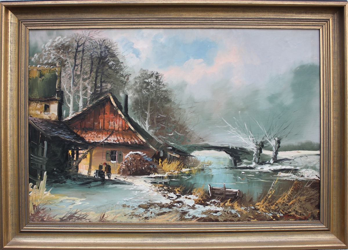 Bauernhaus am Fluss Winterlandschaft Ölgemälde eBay