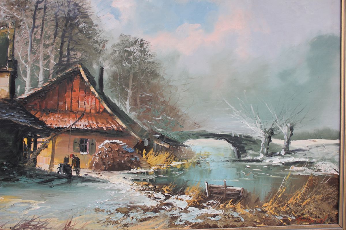 Bauernhaus am Fluss Winterlandschaft Ölgemälde eBay