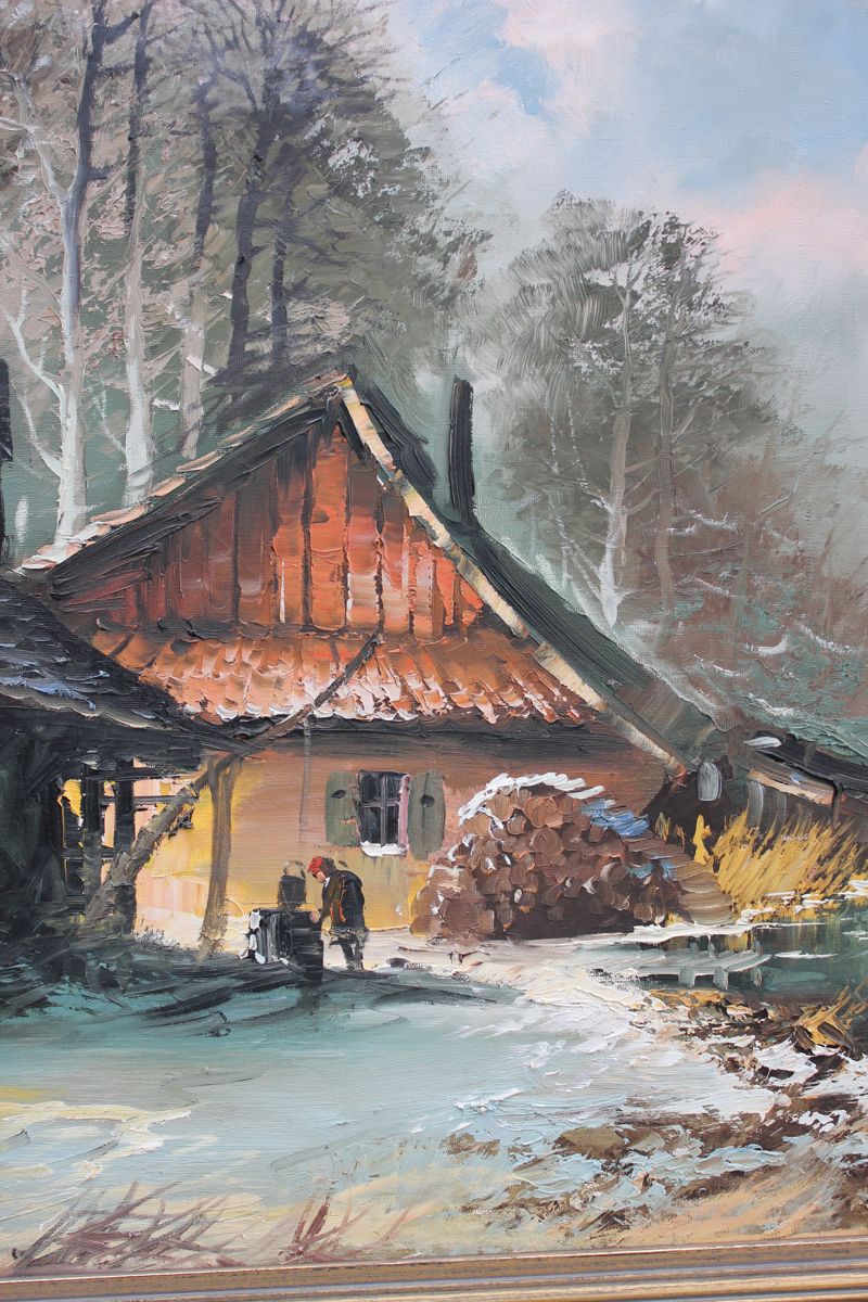 Bauernhaus am Fluss Winterlandschaft Ölgemälde eBay